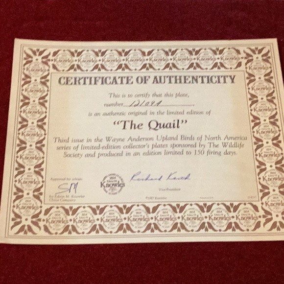 COPY - Collector Plate, The Quail, Plate #12109A 1987 - Picture 4 of 4